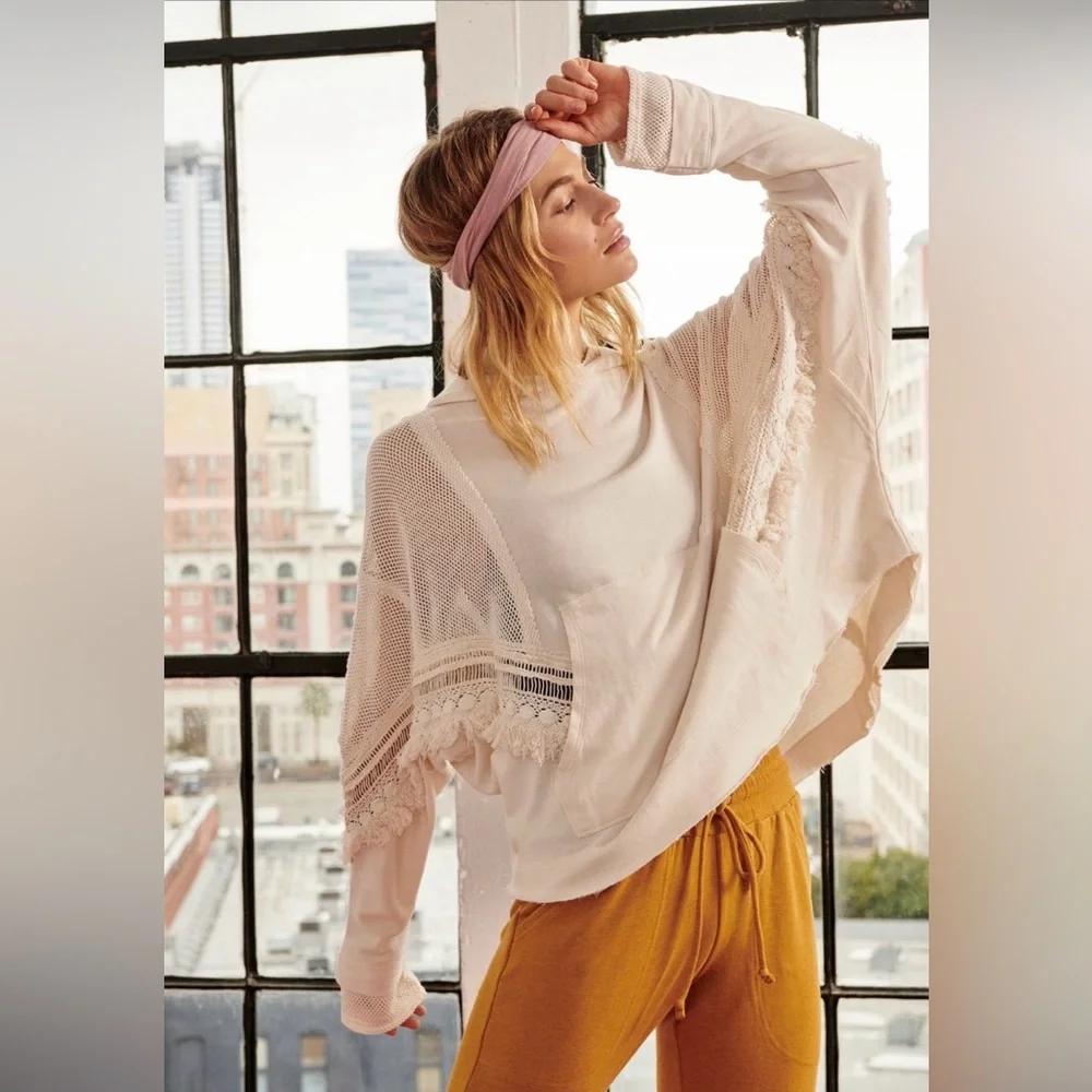 Free People Cream Lace-Trim Pullover
